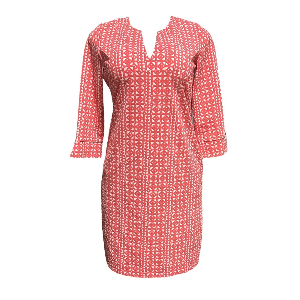 Katherine Way Coral Geometric Print Dress 3/4 Sleeve Career Casual Size XS
